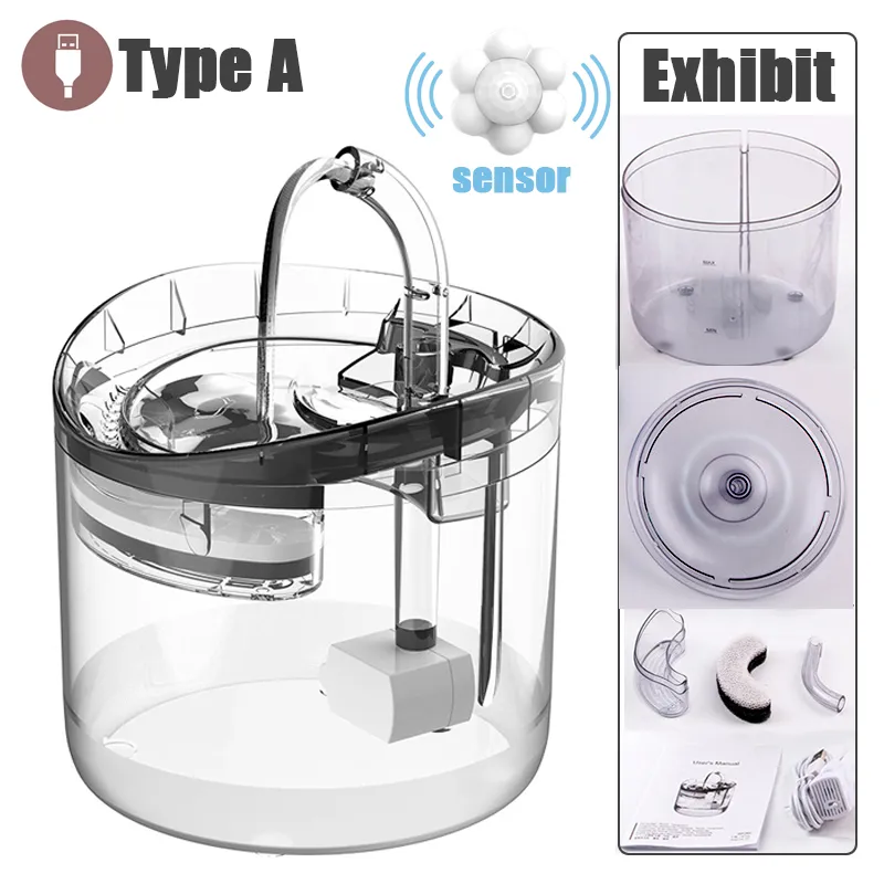 2L Intelligent Cat Water Fountain With Faucet Dog Water Dispenser Transparent Drinker Pet Drinking Filters Feeder Motion Sensor