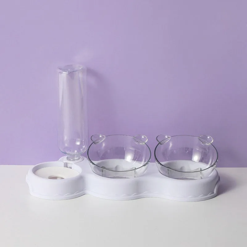 Pet Cat Automatic Feeder Plastic 3-in-1 Dog Food Bowl Double Bowls Automatic Water Reservoir Drinker Cat Feeding Accessories