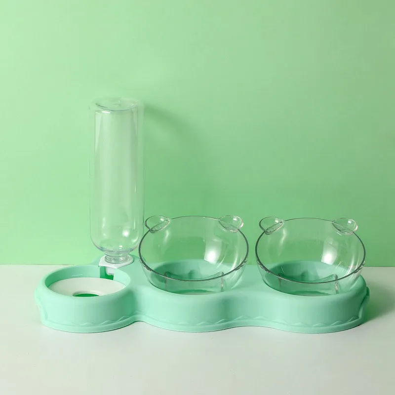 Pet Cat Automatic Feeder Plastic 3-in-1 Dog Food Bowl Double Bowls Automatic Water Reservoir Drinker Cat Feeding Accessories