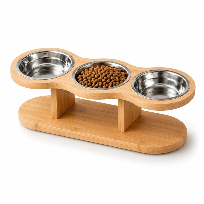Elevated Bamboo Pet Feeder – 3-Bowl Feeding Station for Cats & Small Dogs