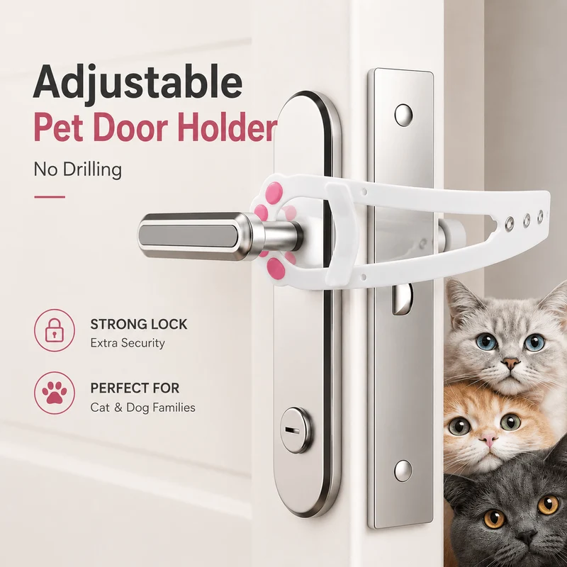 Adjustable Pet Door Holder – No-Drill Door Latch for Cats & Dogs