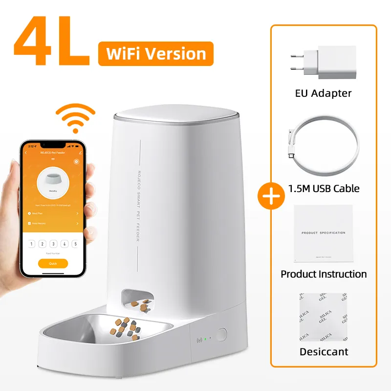 ROJECO Automatic Cat Feeder Pet Cat Food Kibble Dispenser Pet Smart WiFi Remote Control Auto Feeder For Cats Dog Accessories 4L