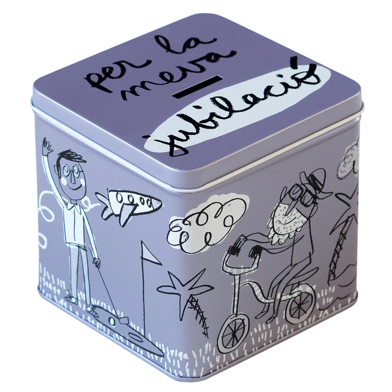 Metal coin box "per la meva jubilació" violet
