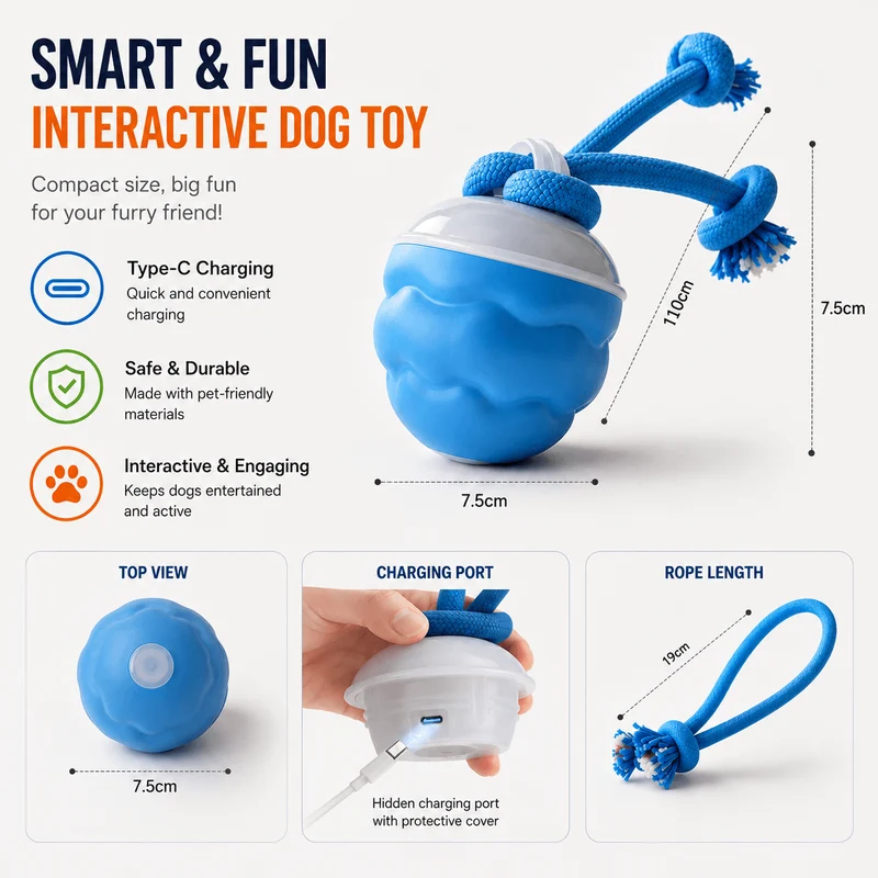 Smart Interactive Dog Ball Toy, Automatic Rolling Rope Toy