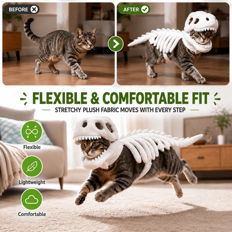 Dinosaur Skeleton Costume for Dogs & Cats | Soft Plush Halloween Pet Costume