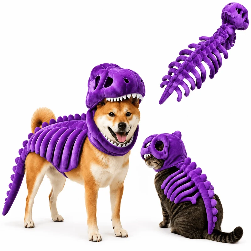 Dinosaur Skeleton Costume for Dogs & Cats | Soft Plush Halloween Pet Costume