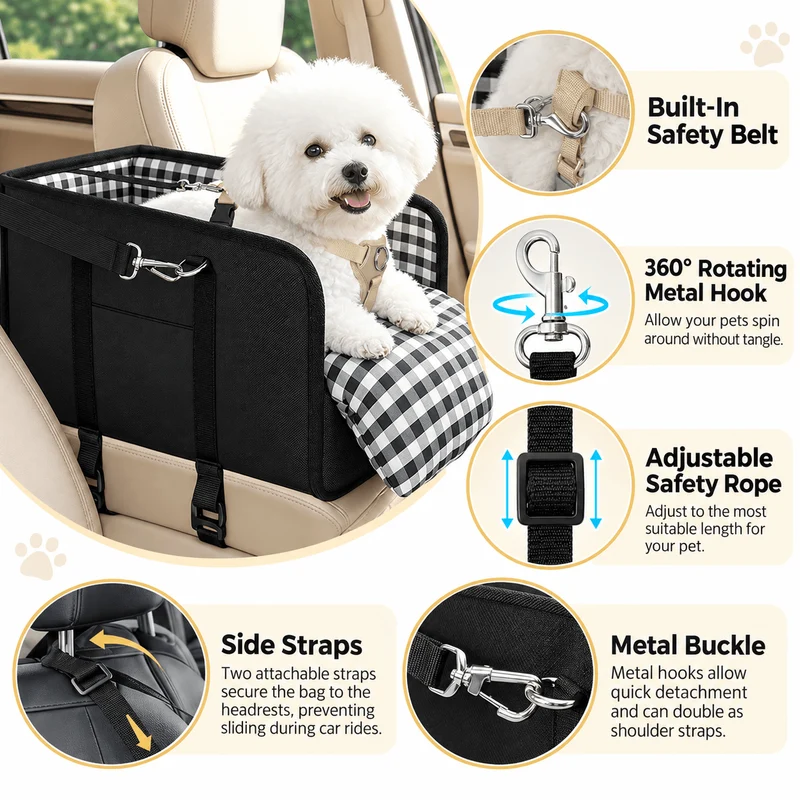 Foldable Center Console Dog Car Seat with Safety Leash & Anti-Slip Base
