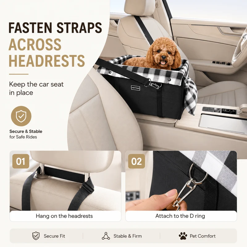 Foldable Center Console Dog Car Seat with Safety Leash & Anti-Slip Base