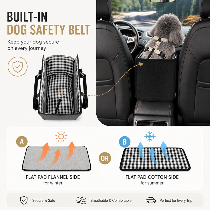 Foldable Center Console Dog Car Seat with Safety Leash & Anti-Slip Base