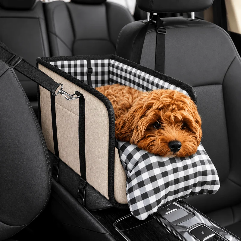 Foldable Center Console Dog Car Seat with Safety Leash & Anti-Slip Base