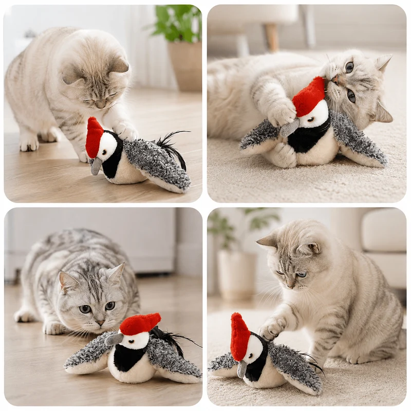 Realistic Chirping Bird Cat Toy with Flapping Wings