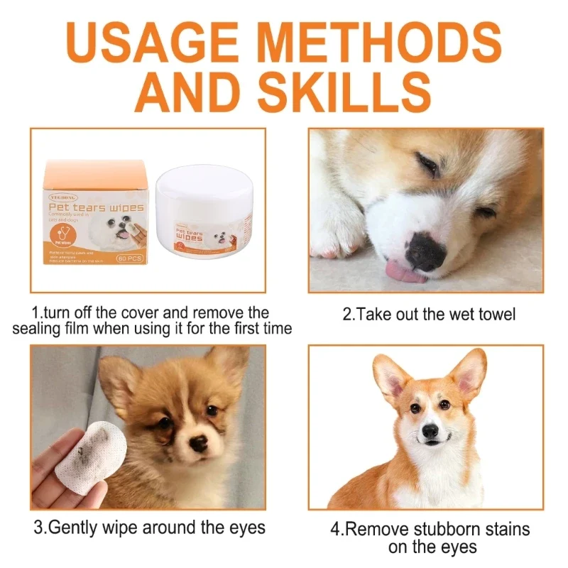 Pet Wet Wipes 60 Count for Cat Dog Eye Stain Cleaning Pads Portable Wet Pads Tow