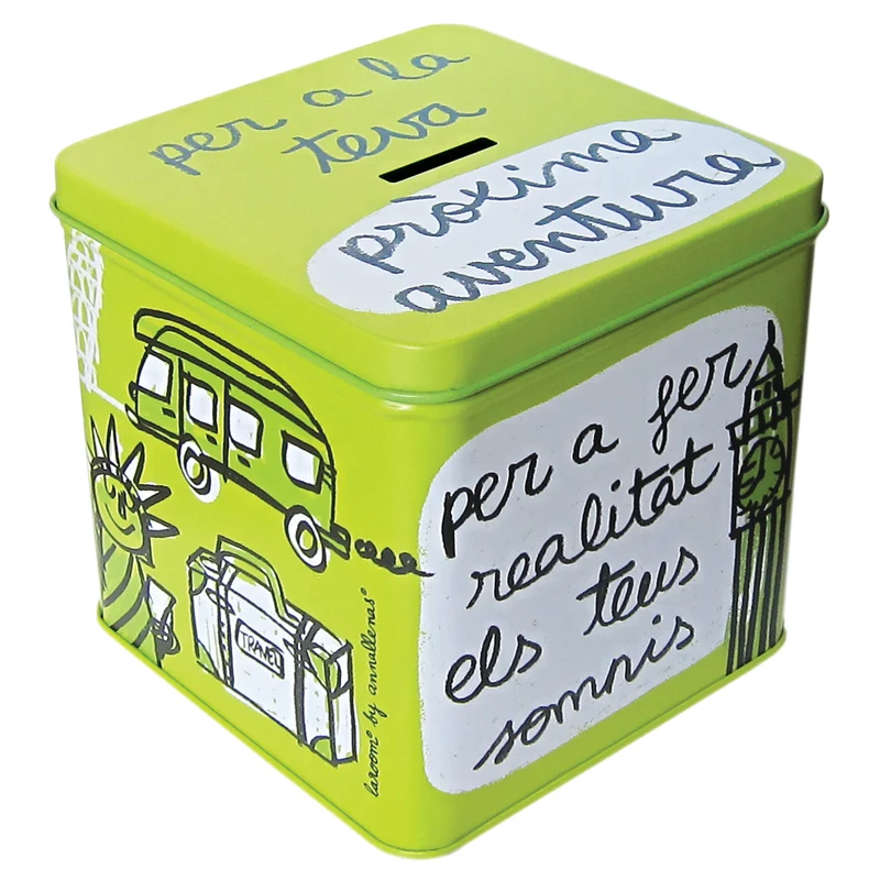 Metal coin box "per a la teva pròxima aventura"