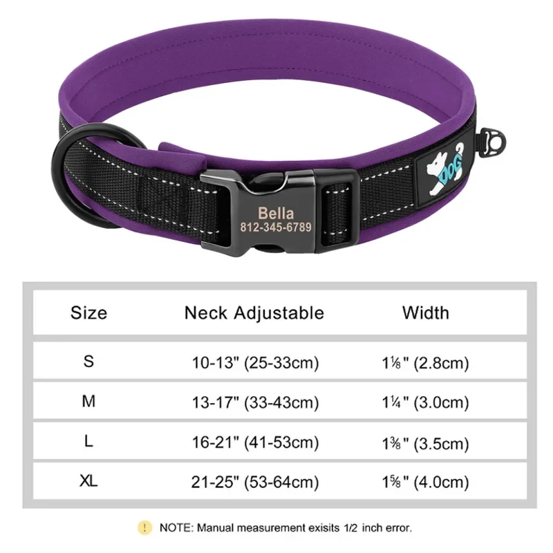 Reflective Personalized Dog Collar Engrave ID Nylon Collars Soft Padded Dogs Collar Adjustable for Small Medium Large Dogs Pug