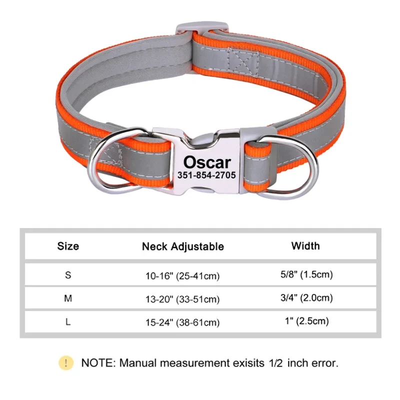 Reflective Personalized Dog Collar Engrave ID Nylon Collars Soft Padded Dogs Collar Adjustable for Small Medium Large Dogs Pug