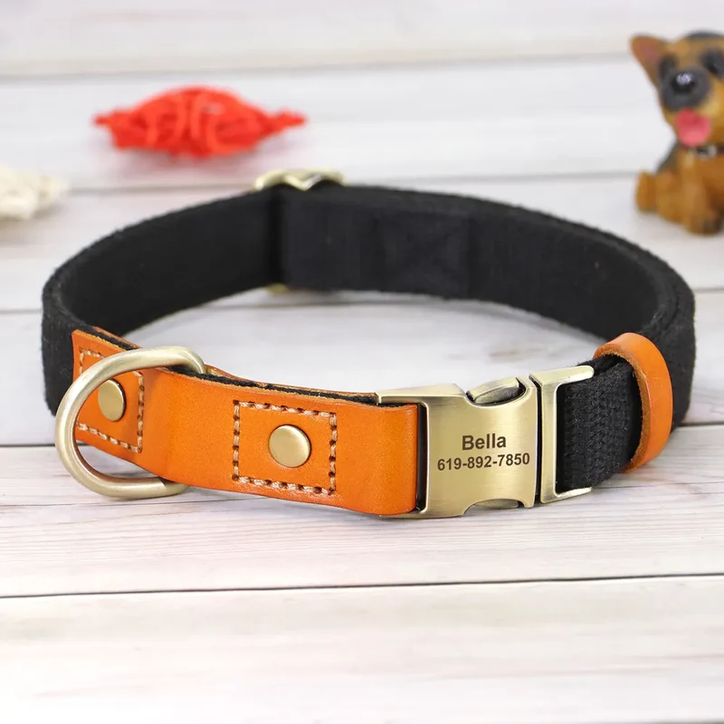 Personalized Nylon Dog Collar Durable Real Leather Customized ID Collars Free Engraved Adjustable for Small Medium Large Dogs