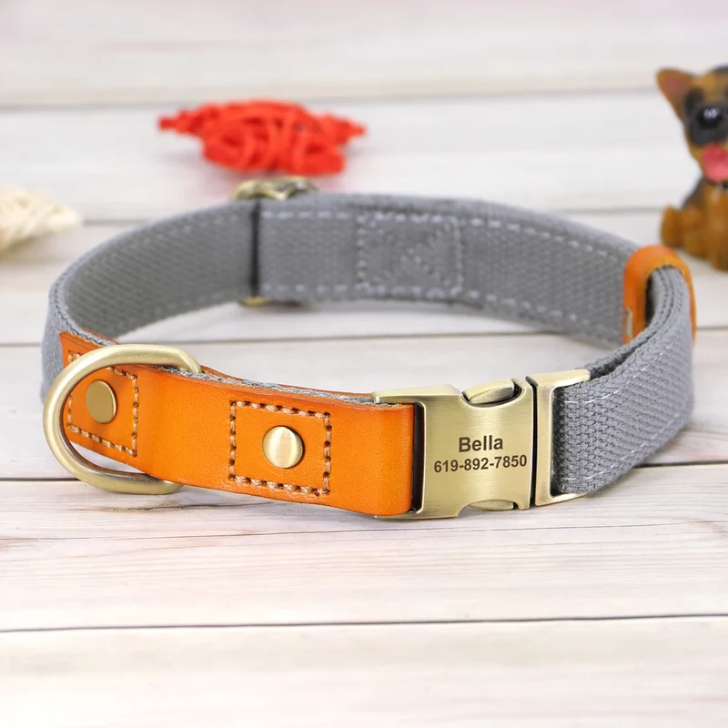 Personalized Nylon Dog Collar Durable Real Leather Customized ID Collars Free Engraved Adjustable for Small Medium Large Dogs