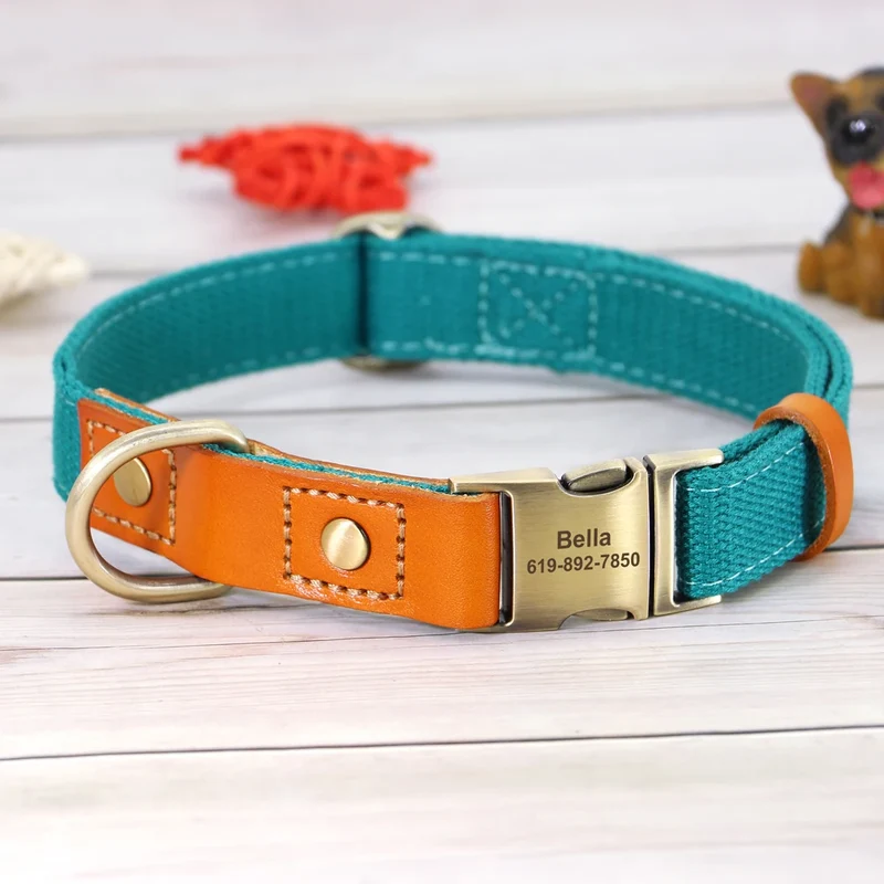 Personalized Nylon Dog Collar Durable Real Leather Customized ID Collars Free Engraved Adjustable for Small Medium Large Dogs