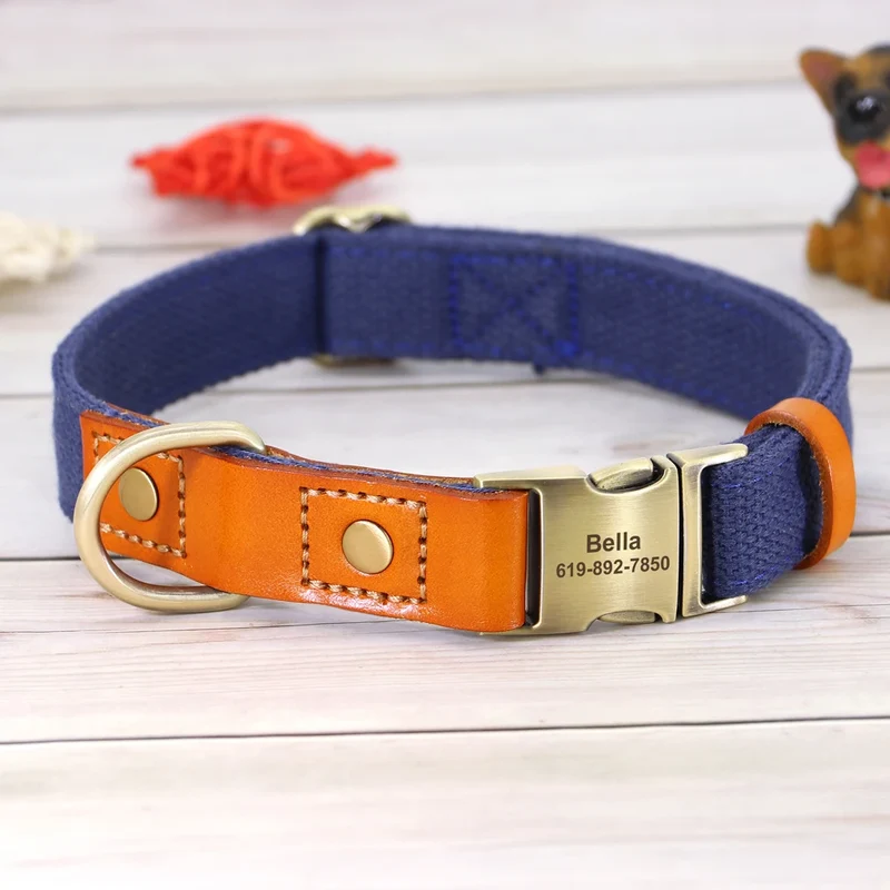 Personalized Nylon Dog Collar Durable Real Leather Customized ID Collars Free Engraved Adjustable for Small Medium Large Dogs