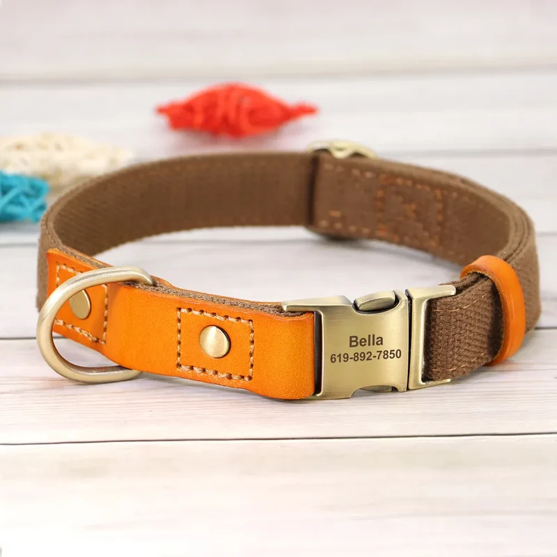 Personalized Nylon Dog Collar Durable Real Leather Customized ID Collars Free Engraved Adjustable for Small Medium Large Dogs