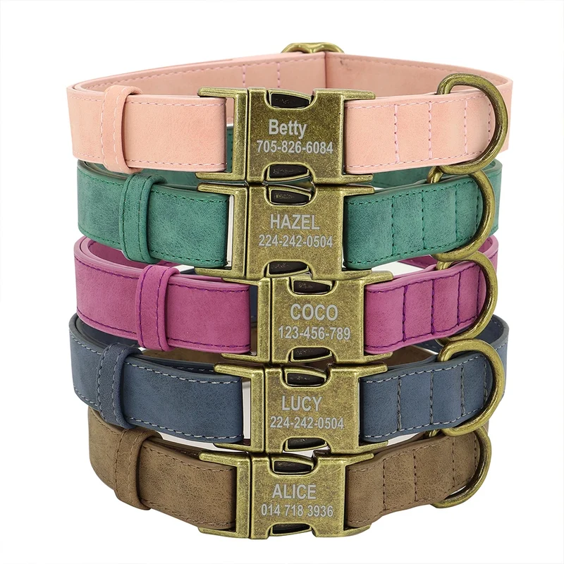 Personalized Dog ID Collar Customized Dogs Tag Collars With Metal Buckle Leather Padded for Small Medium Dogs Pitbull Buldog
