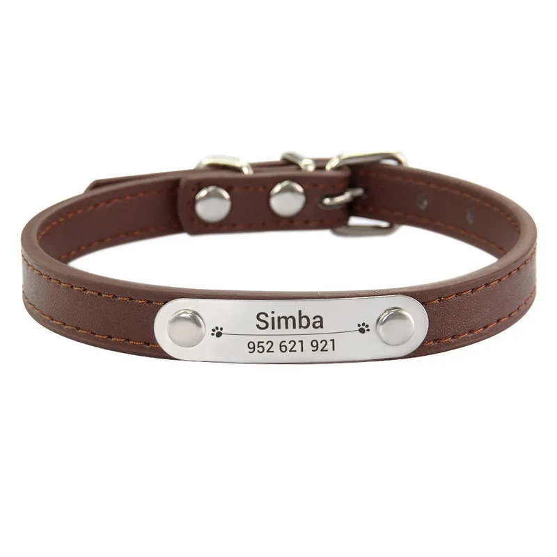 Personalized Dog Collar Name Carved ID Anti-lost Solid PU Leather Collar For Small Medium Large Dogs Puppy Cat Pet Supplies Pink