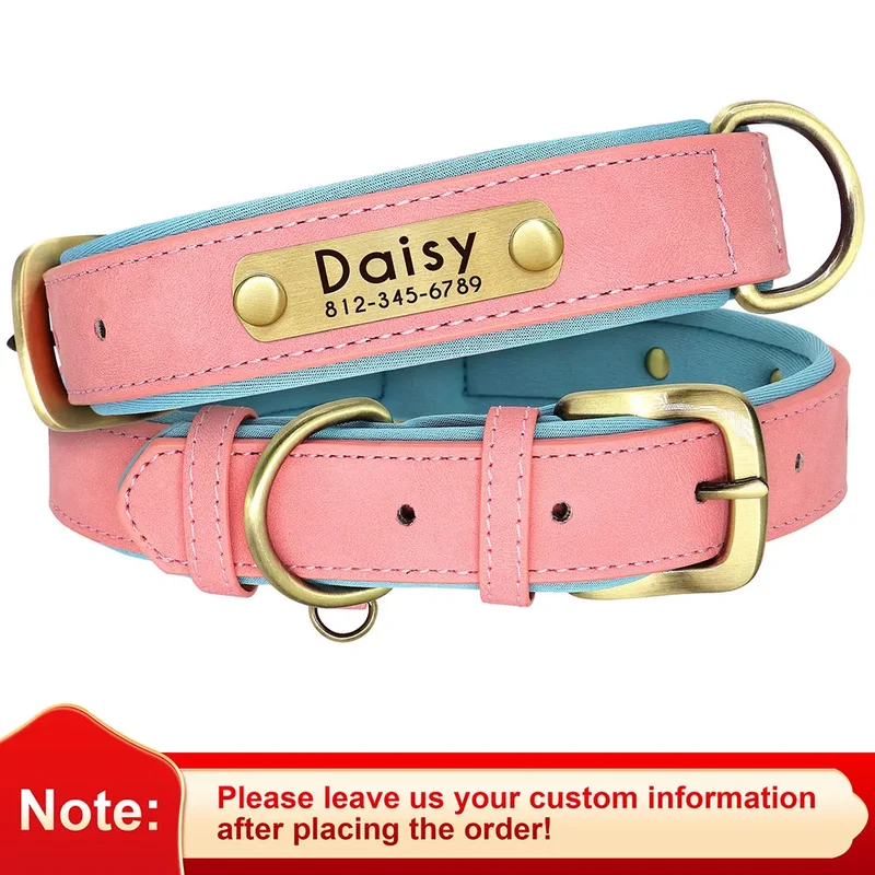 Customized Leather ID Nameplate Dog Collar Soft Padded Dogs Collars Free Engraving Name for Small Medium Large Dogs Adjustable