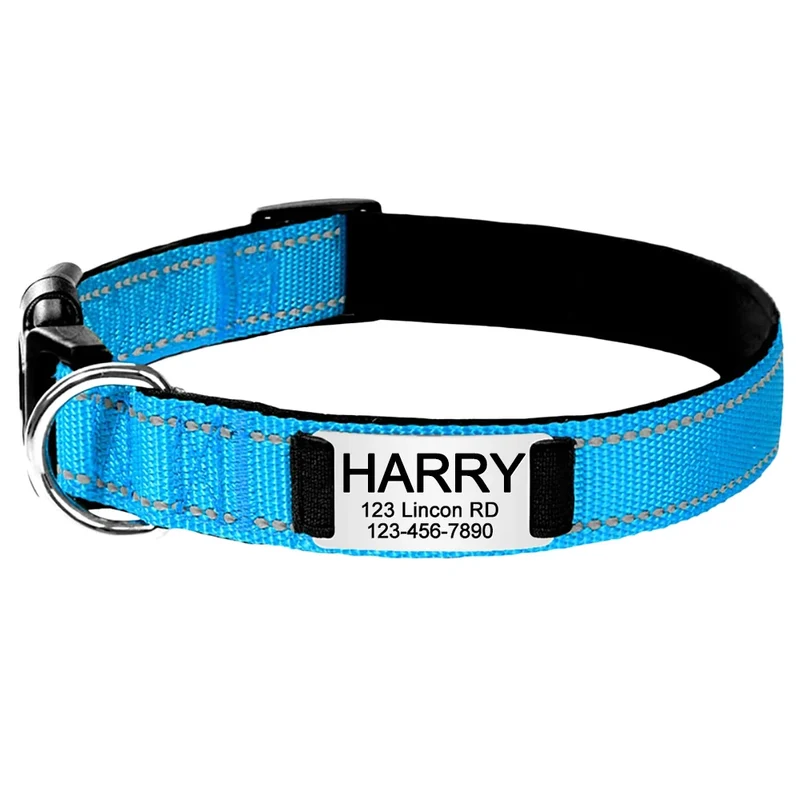 Adjustable Reflective Nylon Dog Collars Custom Engraved Name ID Tag Personalized Luminous Puppy Gleamy Large Unisex Dog Collar