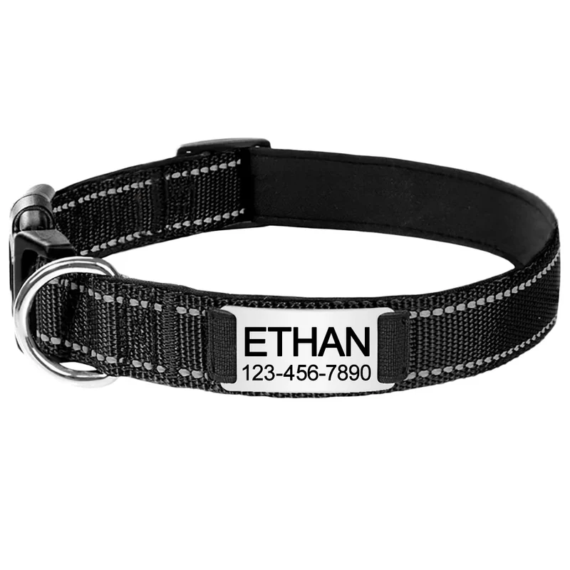Adjustable Reflective Nylon Dog Collars Custom Engraved Name ID Tag Personalized Luminous Puppy Gleamy Large Unisex Dog Collar