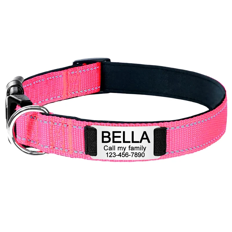 Adjustable Reflective Nylon Dog Collars Custom Engraved Name ID Tag Personalized Luminous Puppy Gleamy Large Unisex Dog Collar