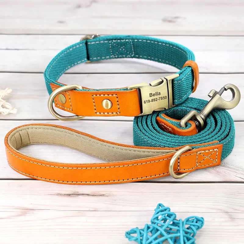 Nylon Custom Dog Puppy Collar Leash Set Personalized Genuine Leather Pet Nameplate ID Tag Accessories Collars Pet Products Perro
