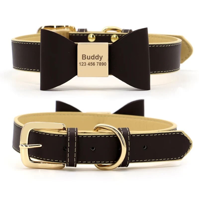 Personalized Dog Name Collar Soft PU Leather Puppy Cat Bowknot Necklace Anti-lost ID Collars for Small Medium Large Dogs Cats
