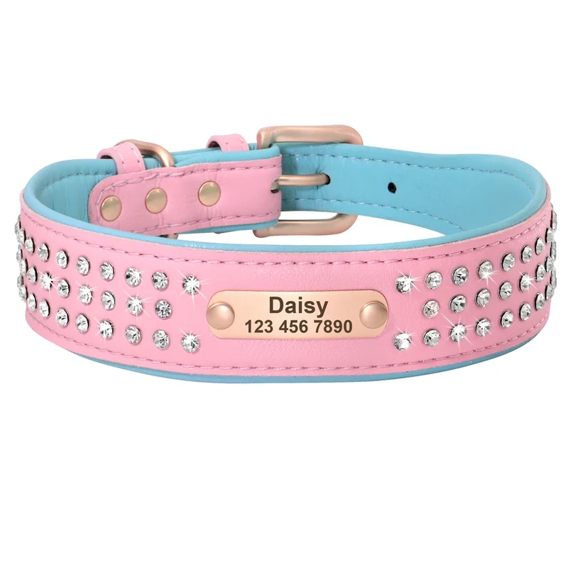 Custom Leather Dog Collar Bling Rhinestone Big Dog Collars Soft Padded Pet Necklace With Engraved ID Tag For Medium Large Dogs