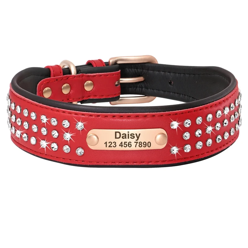 Custom Leather Dog Collar Bling Rhinestone Big Dog Collars Soft Padded Pet Necklace With Engraved ID Tag For Medium Large Dogs