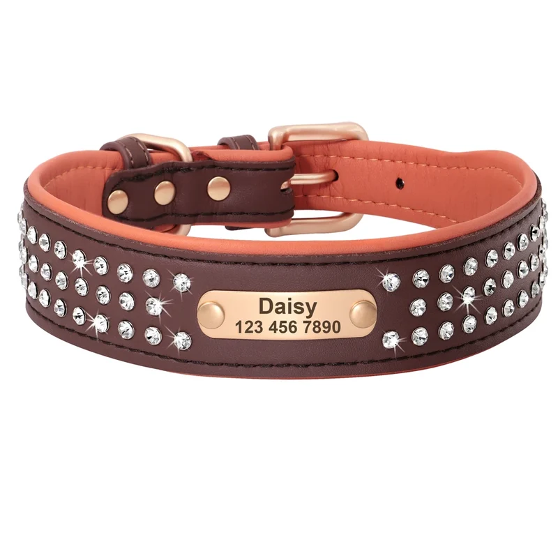 Custom Leather Dog Collar Bling Rhinestone Big Dog Collars Soft Padded Pet Necklace With Engraved ID Tag For Medium Large Dogs