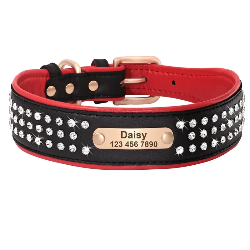 Custom Leather Dog Collar Bling Rhinestone Big Dog Collars Soft Padded Pet Necklace With Engraved ID Tag For Medium Large Dogs