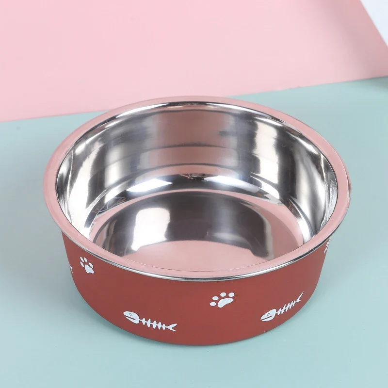 Pet Cat Feeding Bowl Stainless Steel Plastic Non-slip Single Bowl Food Drinking Tray Feeder Drop-resistant Durable Pet Dog Bowl