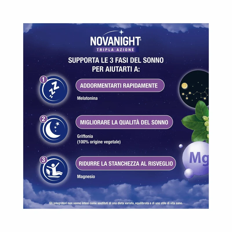 Novanight Tripla Azione con Melatonina per Dormire Magnesio Griffonia 20 Bustine Orosolubili