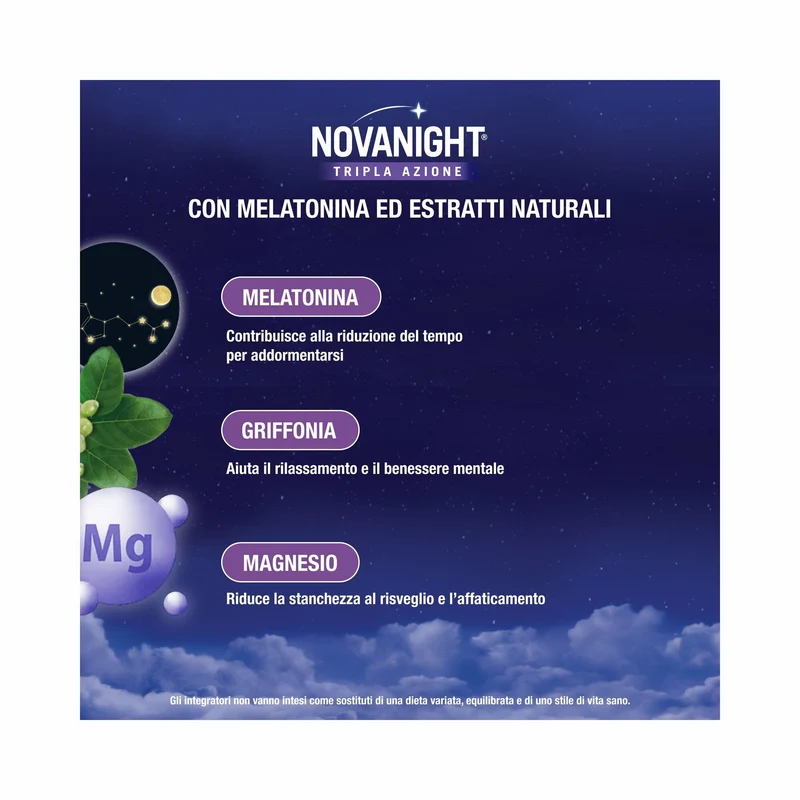 Novanight Tripla Azione con Melatonina per Dormire Magnesio Griffonia 20 Bustine Orosolubili