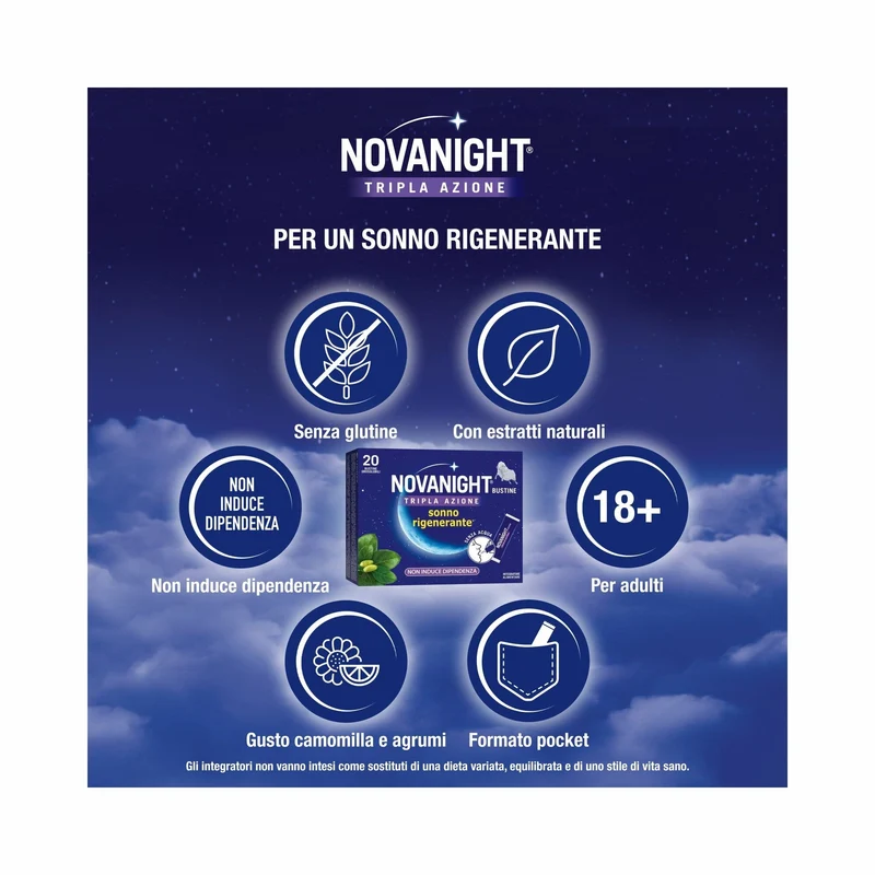 Novanight Tripla Azione con Melatonina per Dormire Magnesio Griffonia 20 Bustine Orosolubili