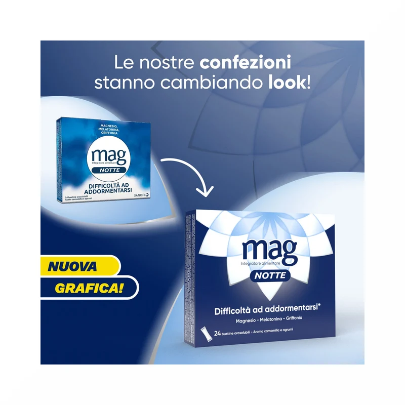 Mag Notte Integratore a base di Melatonina, Magnesio e Griffonia Dormire Bene, Favorire Rilassamento e Qualità Sonno 24 bustine