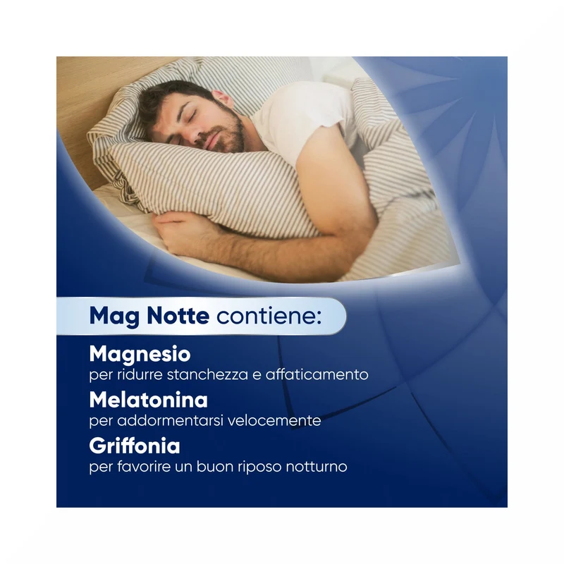 Mag Notte Integratore a base di Melatonina, Magnesio e Griffonia Dormire Bene, Favorire Rilassamento e Qualità Sonno 24 bustine