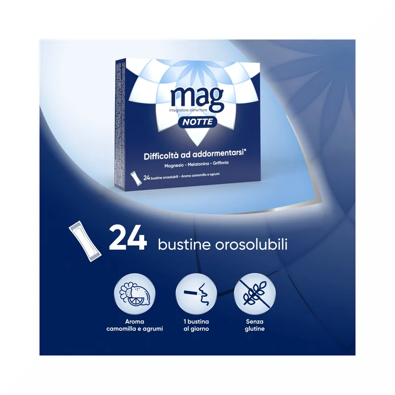 Mag Notte Integratore a base di Melatonina, Magnesio e Griffonia Dormire Bene, Favorire Rilassamento e Qualità Sonno 24 bustine
