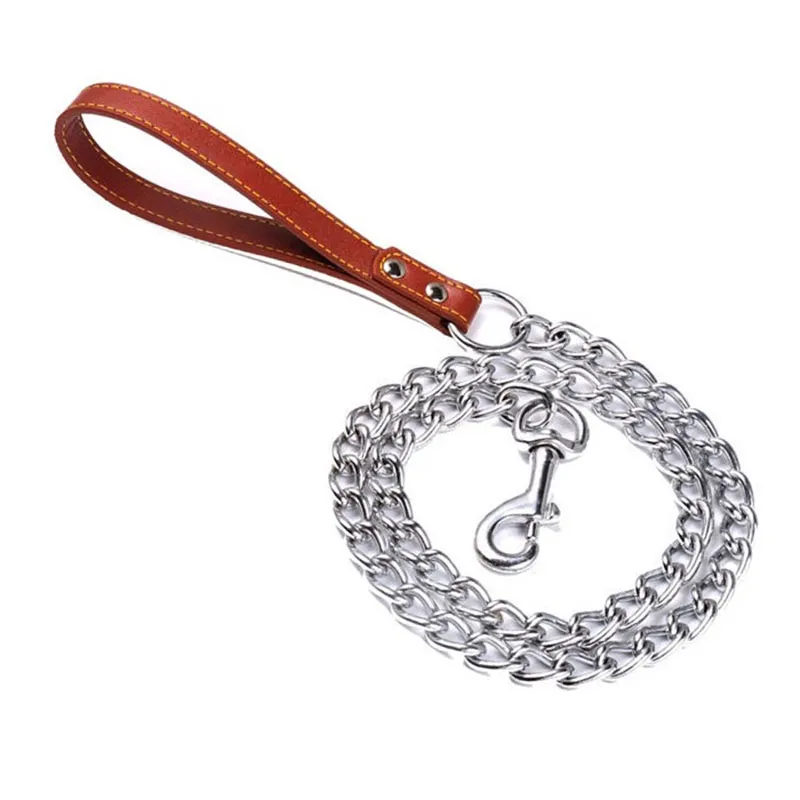 120cm Heavy Duty Anti-bite Dog Giant Chain Leash with Leather Handle Chain Dog Leash Durable Metal Chew Proof Dog Training Leash