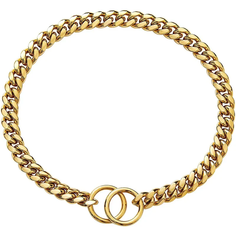 Dog Collar 10mm Thick Cuban Link Chain Dog Collar 18K Gold Black Chain Dog Collar with 316L Stainless Steel Don't Pinch Dog Hair