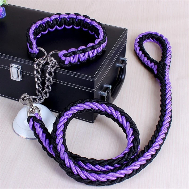 17 colors Length Double Strand Rope Large Dog Leashes Metal P Chain Buckle National Color Pet Traction Rope Collar Set 1.2M A 21