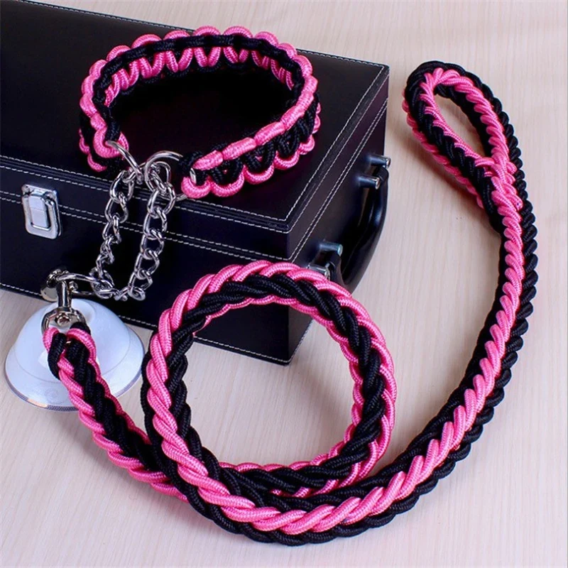 17 colors Length Double Strand Rope Large Dog Leashes Metal P Chain Buckle National Color Pet Traction Rope Collar Set 1.2M A 21