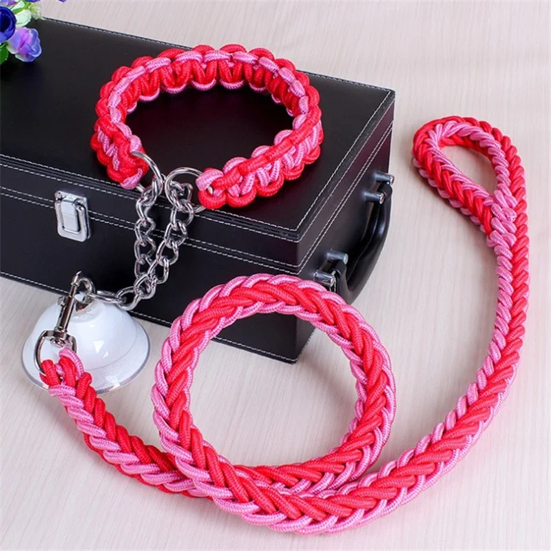 17 colors Length Double Strand Rope Large Dog Leashes Metal P Chain Buckle National Color Pet Traction Rope Collar Set 1.2M A 21