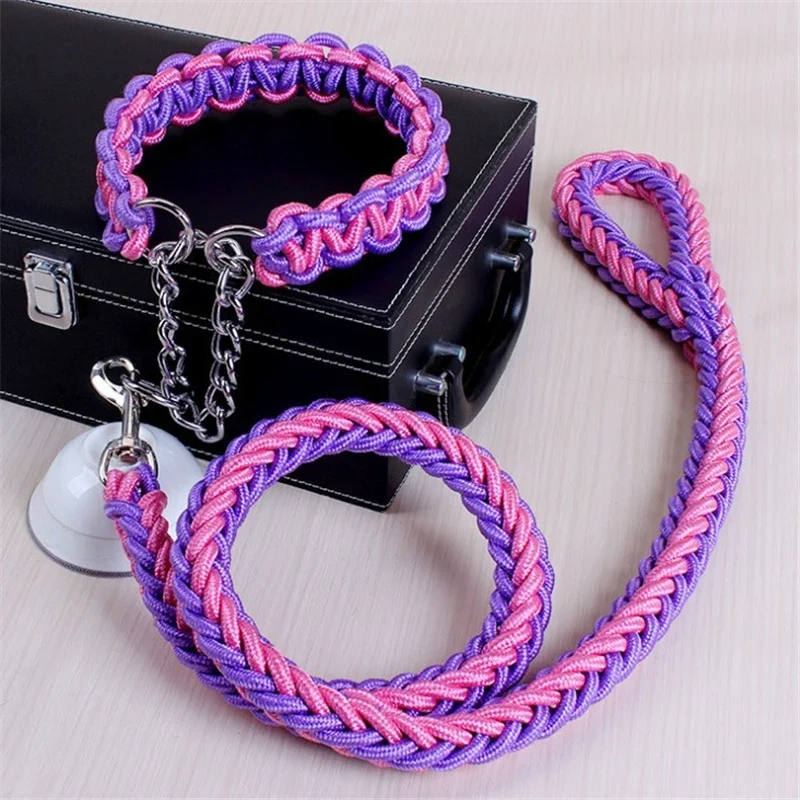 17 colors Length Double Strand Rope Large Dog Leashes Metal P Chain Buckle National Color Pet Traction Rope Collar Set 1.2M A 21