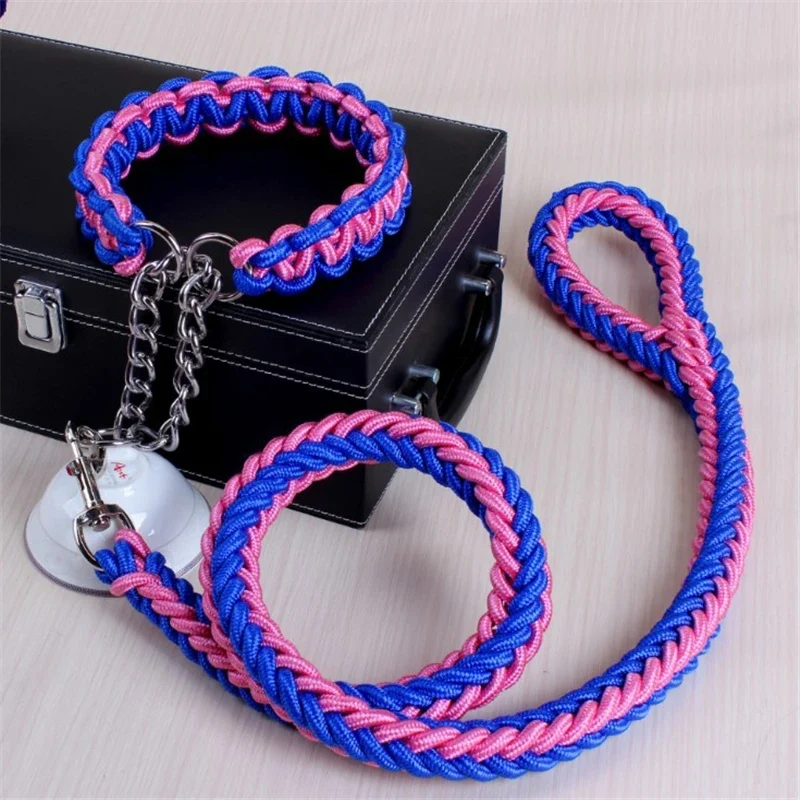 17 colors Length Double Strand Rope Large Dog Leashes Metal P Chain Buckle National Color Pet Traction Rope Collar Set 1.2M A 21